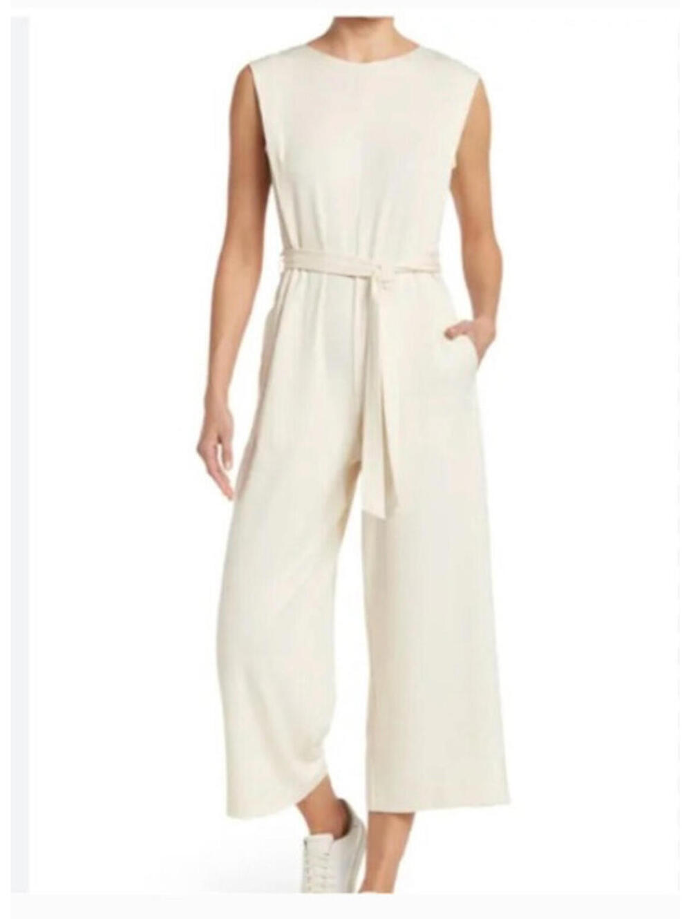 Max Studio London sz XL cream sleeveless stretchy wide leg cropped jumpsuit 3370